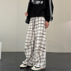 wassup happy潮牌格纹休闲裤男秋冬季加绒加厚青少年宽松运动裤子图片