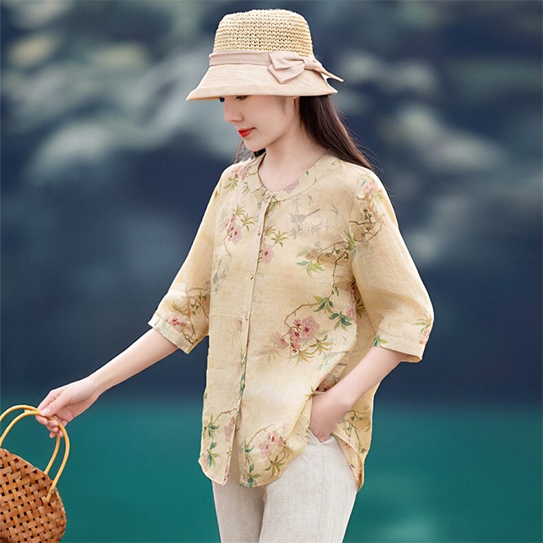 2026年夏季女短袖宽松亲肤透气苎麻常规,女装衬衫,江南依恋