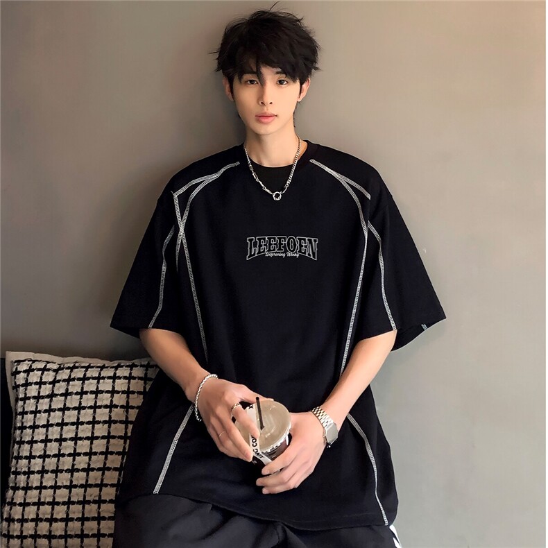 高级痞帅时尚潮牌通勤夏季新款明线印花设计感短袖T恤T23-P38，男装T恤，电商C307