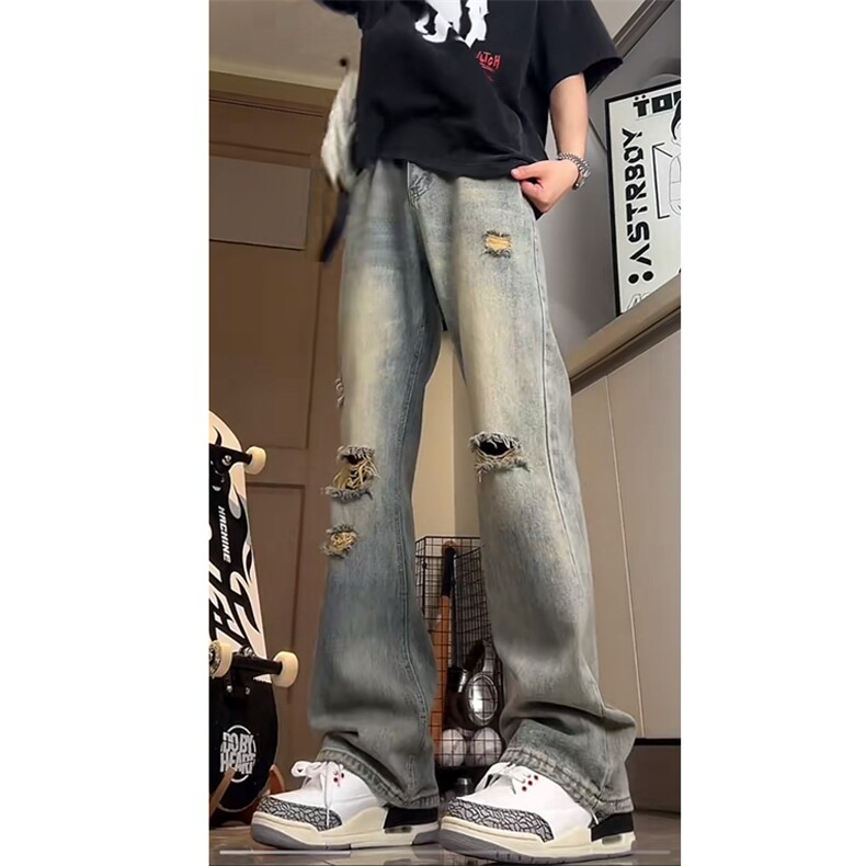 微喇叭牛仔裤破洞牛仔裤半松紧腰牛仔长裤nk2488-P50,男装牛仔裤,星座1212