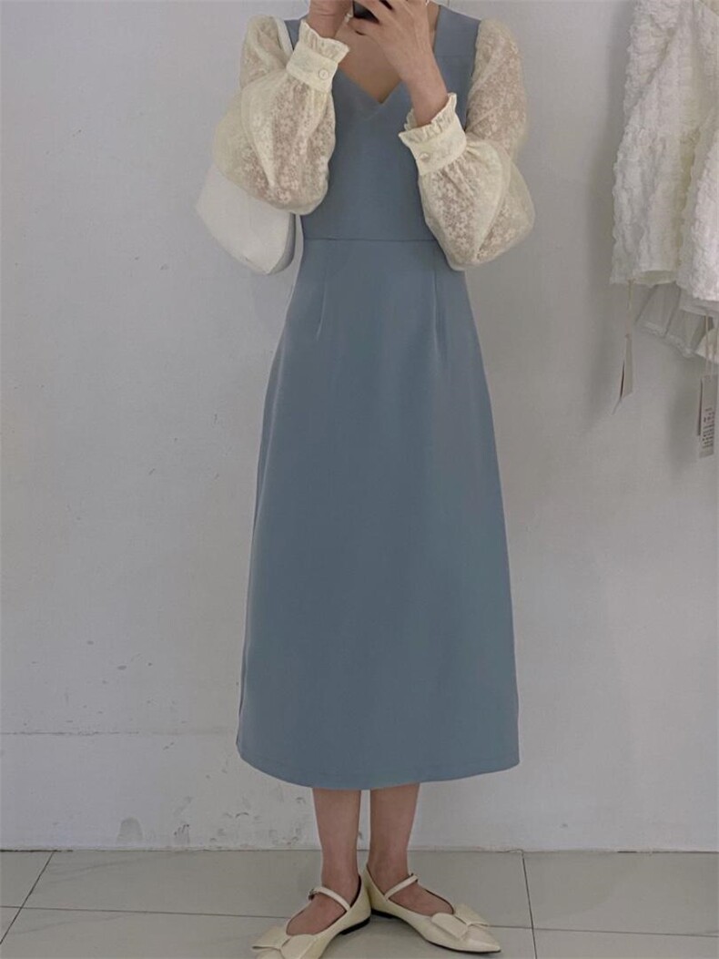 拼纱连衣裙，女装连衣裙，驿谷