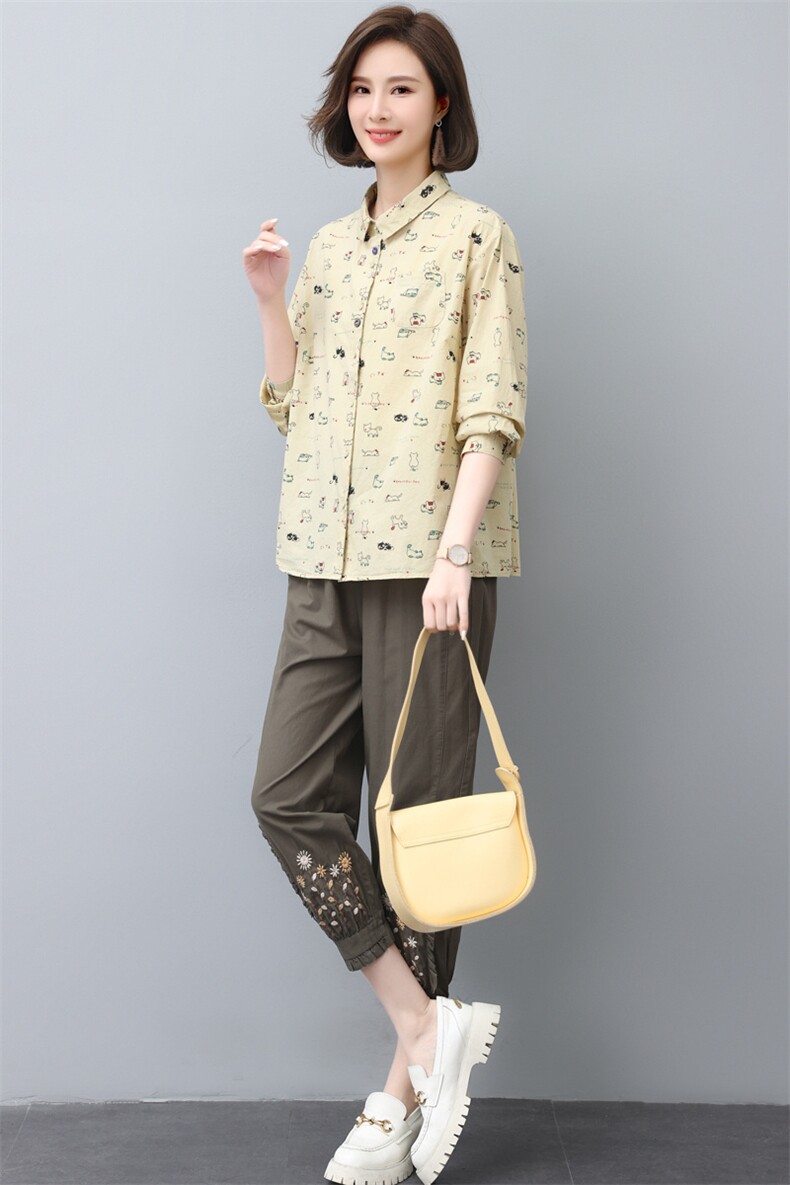 棉麻裤子套装女2022秋季新款女装时尚休闲妈妈今年流行两件套,女装大码女装,奕阳依阁