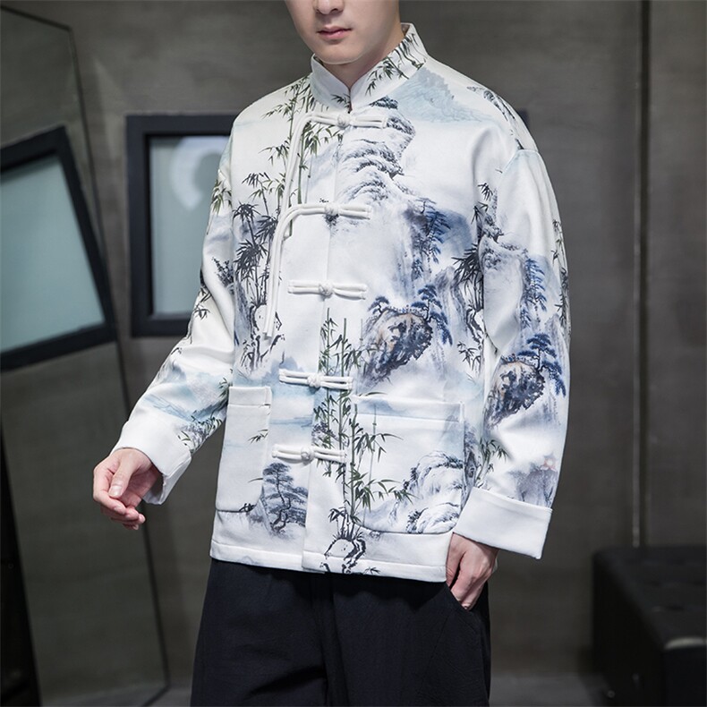 黑洞景新中式风水墨竹子数码印花盘扣立领复古唐装外套JK97,男装民族服装,星座305A（原312A-1）