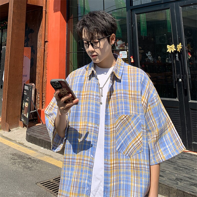 短袖衬衫男夏季新款磨毛格子衬衣DX716-特批26无差价图片