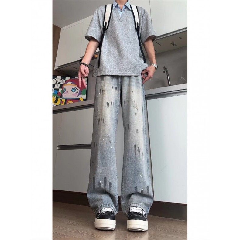 潮牌泼墨牛仔裤男女美式高街休闲长裤宽松直筒裤子K70716P47网图图片