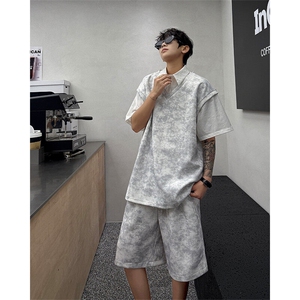 扎染套装西装领休闲春夏套装短袖短裤潮流休闲套装扎染面料特P65