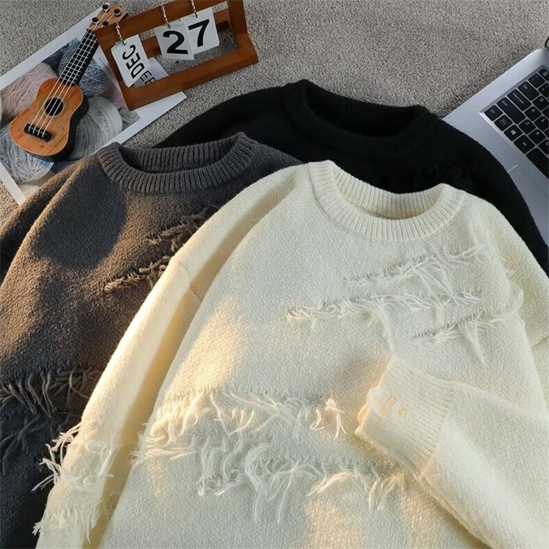 圆领毛衣男女秋冬季宽松针织衫男日系复古慵懒线衣外套G1333-p45图片
