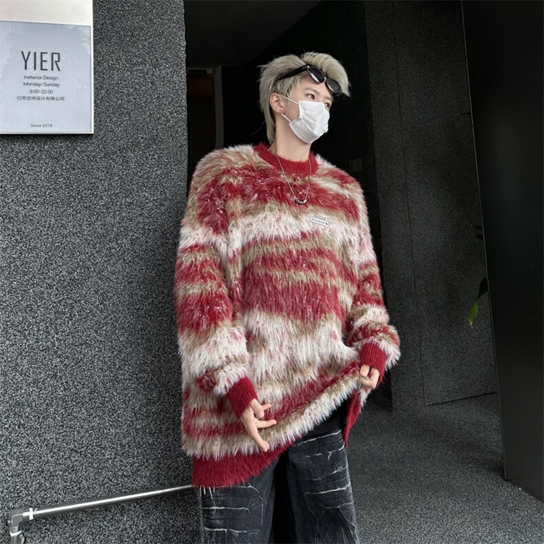 慵懒风软糯马海毛针织衫毛衣男女情侣秋冬复古圆领宽松外套MY358,男装针织衫/毛衣,星座506