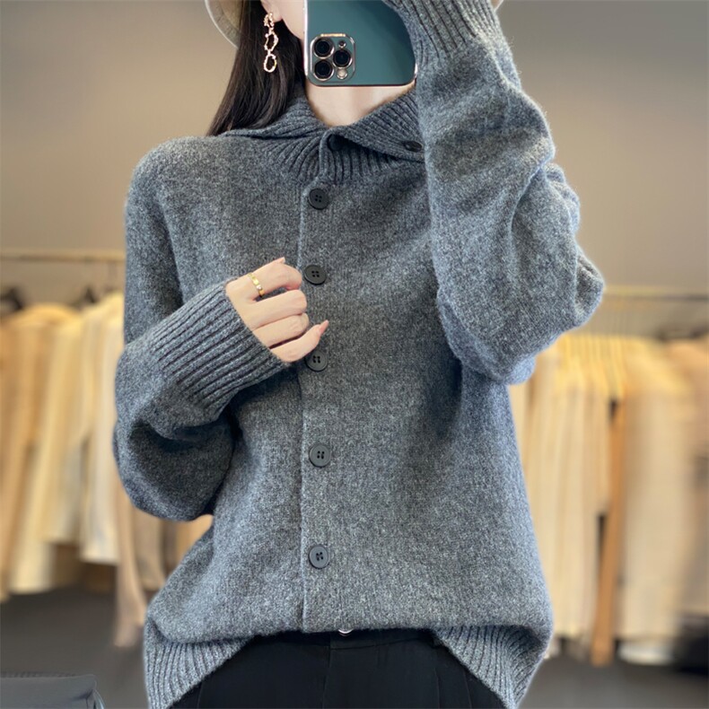高翻领加厚100%纯羊毛开衫女宽松慵懒风羊绒衫长袖针织衫外套毛衣,女装羊毛衫,忠诺羊绒