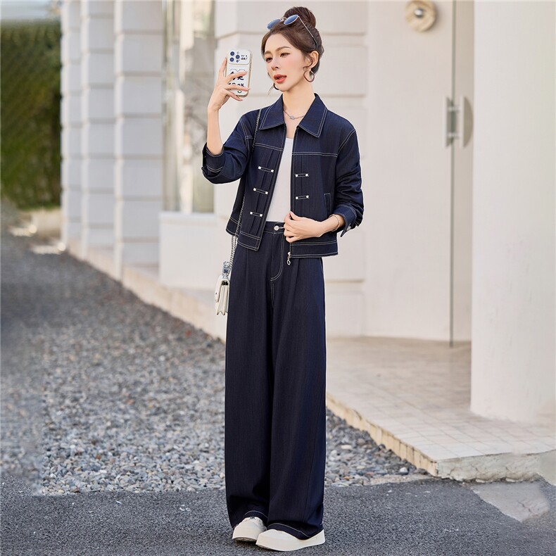 （新款现货）2026春装时尚休闲拉链天丝牛仔阔腿裤套装（两件套）,女装套装/套裙,印象茜