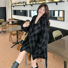 复古大码格纹毛呢外套女2025新款立领系带收腰气质保暖中长款大衣，女装短外套，2C305