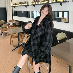 复古大码格纹毛呢外套女2025新款立领系带收腰气质保暖中长款大衣图片