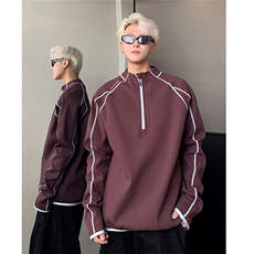 紫红色半拉链卫衣男秋季户外运动长袖T恤美式情侣POLO衫外套，男装Polo衫，电商C307