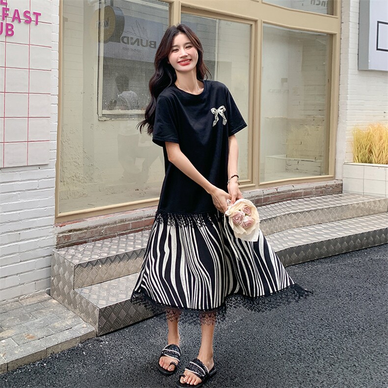 法式减龄蝴蝶结拼接连衣裙女2025夏季新款韩版宽松显瘦鱼尾长裙子图片