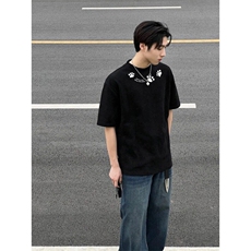 美式复古花灰色印花短袖男款夏季小领口小众质感T恤潮牌重磅半袖，男装T恤，星座809A(原222-1)