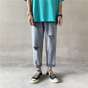 2021夏季主推9228纯色男士破洞牛仔裤韩版裤脚9分长裤子图片