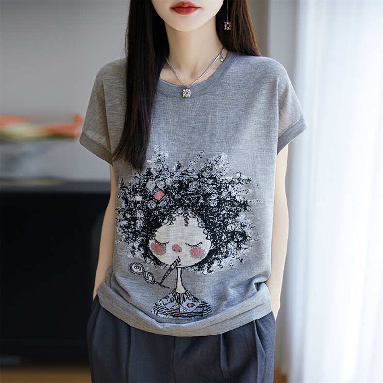 圆领100%竹节棉针织短袖T恤女夏季拼色印花宽松半袖上衣打底百搭,女装T恤,郡淞羊绒