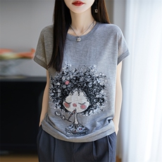 圆领100%竹节棉针织短袖T恤女夏季拼色印花宽松半袖上衣打底百搭，女装T恤，郡淞羊绒
