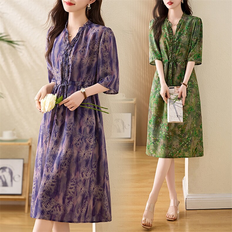 2025年夏季新款印花高级感穿搭时尚百搭通勤连衣裙，女装连衣裙，多彩