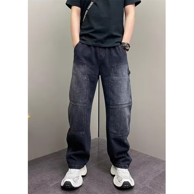 春季拼接牛仔裤水洗蓝色痞帅拖地裤男士直筒阔腿裤子 NB832图片
