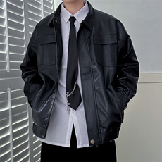 现货-秋冬高品质皮衣外套男宽松休闲翻领皮夹克A150P95绒105，男装夹克，电商A351