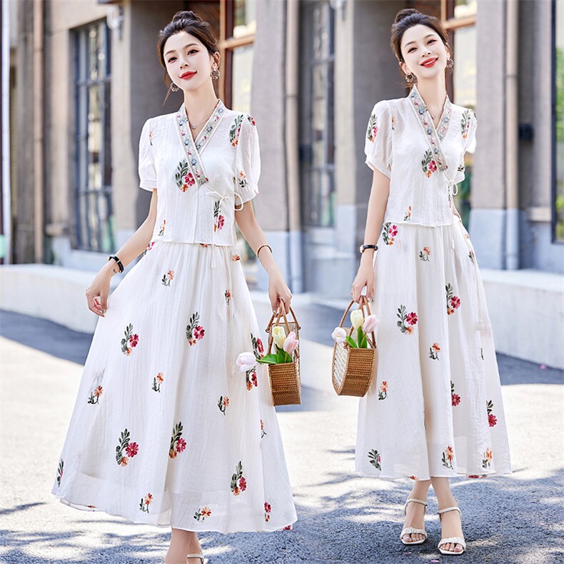 新中式民国风套装女2025夏新款时尚名媛高端V领印花半身裙两件套，女装套装/套裙，伊仟回