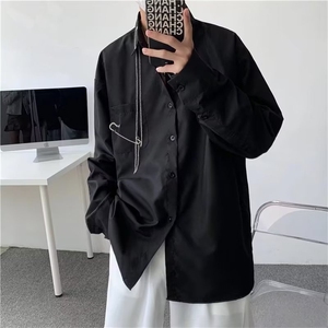 黑色长袖衬衫男女春秋链条别针衬衣2024新款复古韩范上衣038/35图片