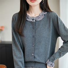 法式温柔格纹木耳花边针织开衫女2025新设计感宽松毛衣短外套上衣，女装针织衫/毛衣，菲奥羊绒