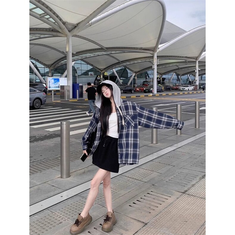 TC1395-P45复古连帽格子衬衫女新款早秋慵懒风小个子衬衣防晒外套,男装防晒衣,星座617A-2