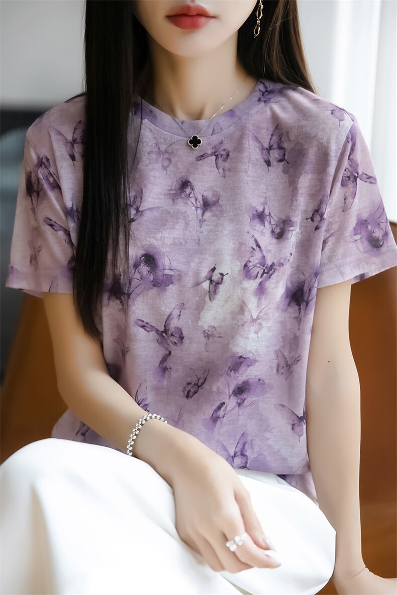 时尚圆领印花短袖t恤上衣修身渲染洋气百搭显瘦针织衫打底衫正肩,女装T恤,佳绒包芯纱店