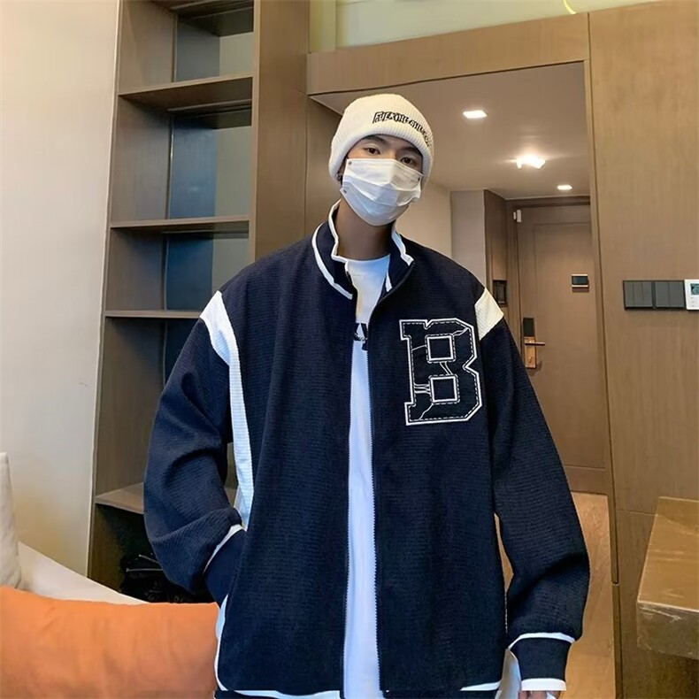 拼色外套男青少年高街刺绣印花潮流宽松休闲开衫拉链春秋夹克上衣,男装夹克,星座716-4