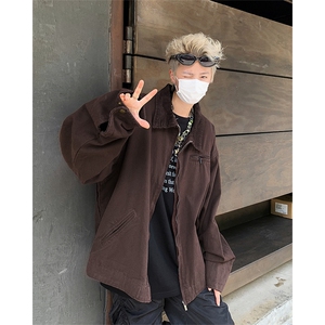 拼接撞色工装夹克男女宽松休闲百搭复古翻领外套上衣JK85466-p75图片