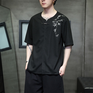 新中式金属扣风潮T恤短袖民族服竹子刺绣汉服时尚T2410-P55图片