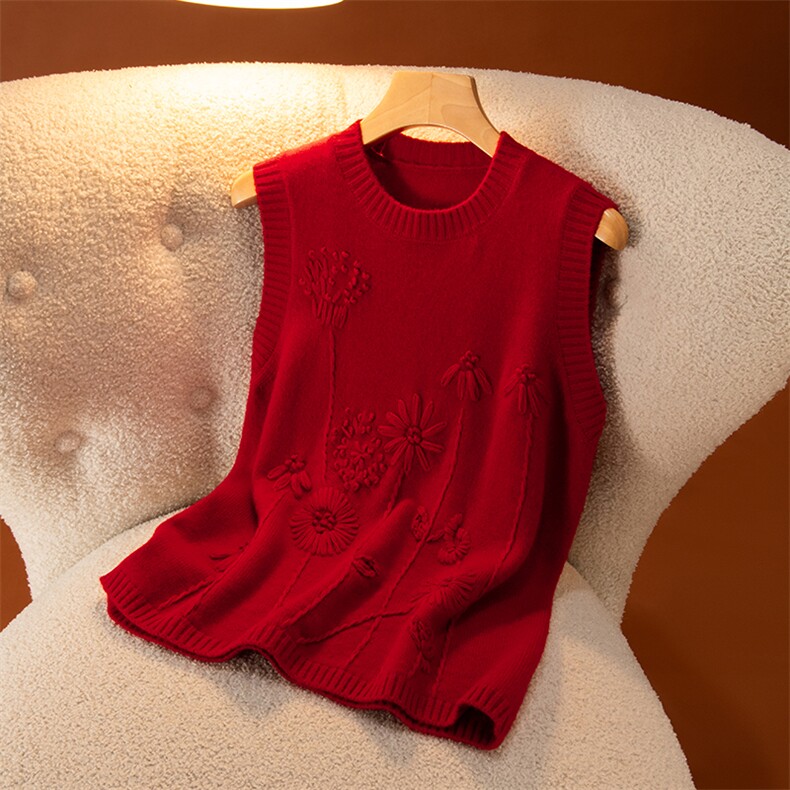 2026年秋季时尚红色圆领手工绣全身花马甲，女装马甲，盛世绒华