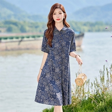现货2025年夏季文艺复古印花妈妈休闲连衣裙，女装连衣裙，依恋蒂丝
