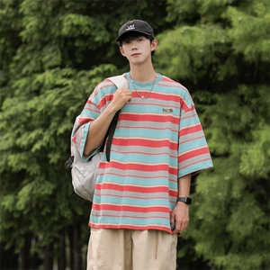 日系复古撞色条纹T恤2024夏季潮牌百搭宽松短袖男 现货 T1813-P52图片