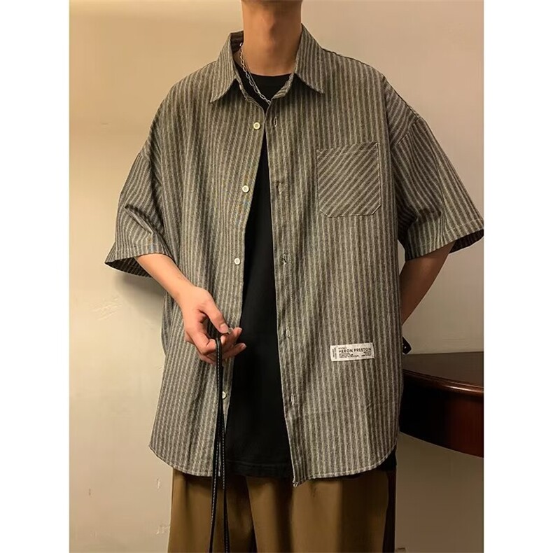 条纹衬衫短袖男士夏休闲潮牌痞帅五分衬衣服夏天外套潮LS160P28,男装T恤,星座1013-5