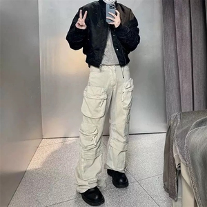 SS新款工装口袋水洗机能牛仔裤秋休闲阔腿裤男高街多口袋Q99P75图片