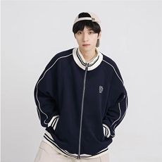 藏蓝色棒球服外套女春秋款美式复古条纹卫衣宽松休闲夹克开衫上衣，男装夹克，星座218-1（原230）
