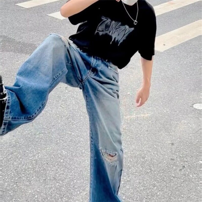 2025季新款欧货设计感复古蓝水洗宽松显瘦阔腿直筒牛仔裤男女,男装牛仔裤,星座506A