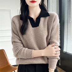 2025新款春秋季v领羊绒衫女100纯羊绒山羊绒宽松拼色女士羊绒毛衣，女装羊毛衫，蒙特羊绒
