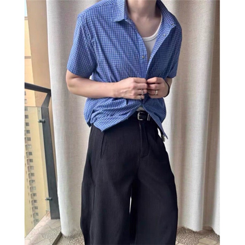蓝色格纹抽绳短袖衬衫男女短款五分袖衬衫miu系上衣CQ2278,男装T恤,星座1116A（原606A-3）