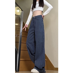 611-3 BK23 特价P48 复古蓝色条纹休闲直筒阔腿男女5牛仔裤图片