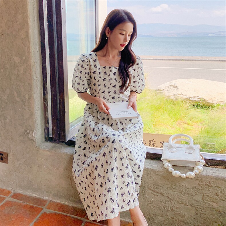 2023年夏季新款法式复古气质方领高腰宽松显瘦碎花连衣裙长裙子女图片
