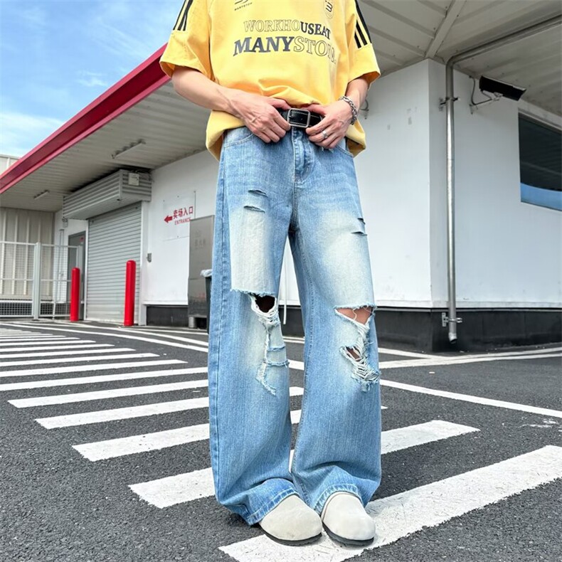 美式复古竹节纹破洞牛仔裤男夏季宽松休闲百搭水洗做旧直筒阔腿裤,男装牛仔裤,星座506A