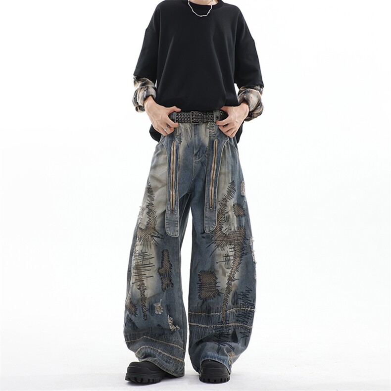 美式复古水洗做旧弯刀牛仔裤潮流宽松休闲阔腿裤,男装牛仔裤,星座410-6（原星座1304-1）