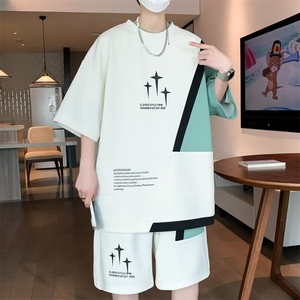 短袖短裤套装男夏季冰丝凉感t恤男一套搭配帅气青少年休闲运动服T图片