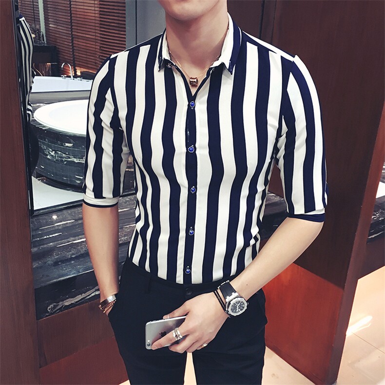 Y8450-夏季清凉时尚麻男条纹中袖衬衫七分袖衬衣潮大码衬衣P35,男装衬衫,星座717A