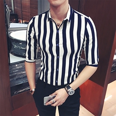 Y8450-夏季清凉时尚麻男条纹中袖衬衫七分袖衬衣潮大码衬衣P35，男装衬衫，星座717A