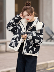 小个子印花连帽羽绒服女欧货2024冬季新款短款百搭白鸭绒保暖外套，女装羽绒服，曼娅璐